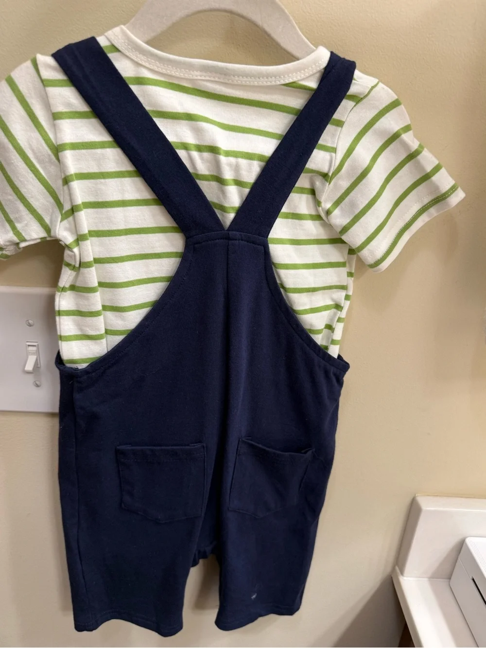Navy Dinosaur Romper with Green Stripe Tee - Baby Overalls Set
